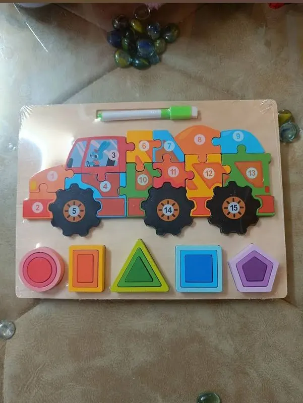 Wooden toy truck number puzzle and shape sorter